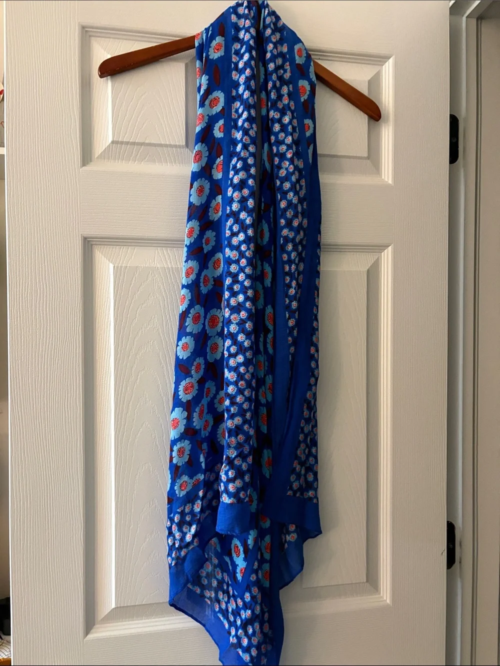 kate spade Tangier Floral Royal Blue Scarf with Coral Accents approx 24”x 80”